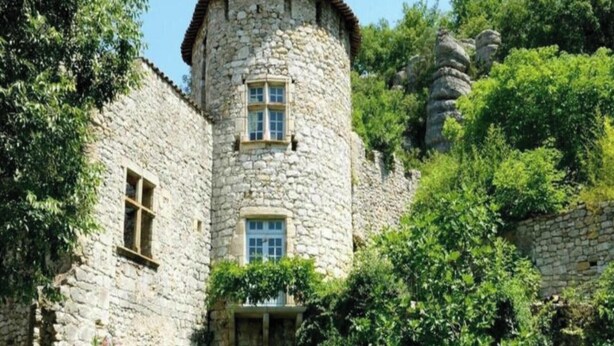 Ein steinerner Turm mit zwei Fenstern, umgeben von viel Grün.