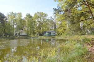 A pond with two houses in a wooded area.