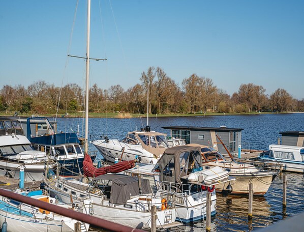 Un port de plaisance où sont amarrés différents types de bateaux, notamment des voiliers et des bateaux à moteur, avec une étendue d’eau calme et des arbres en arrière-plan.