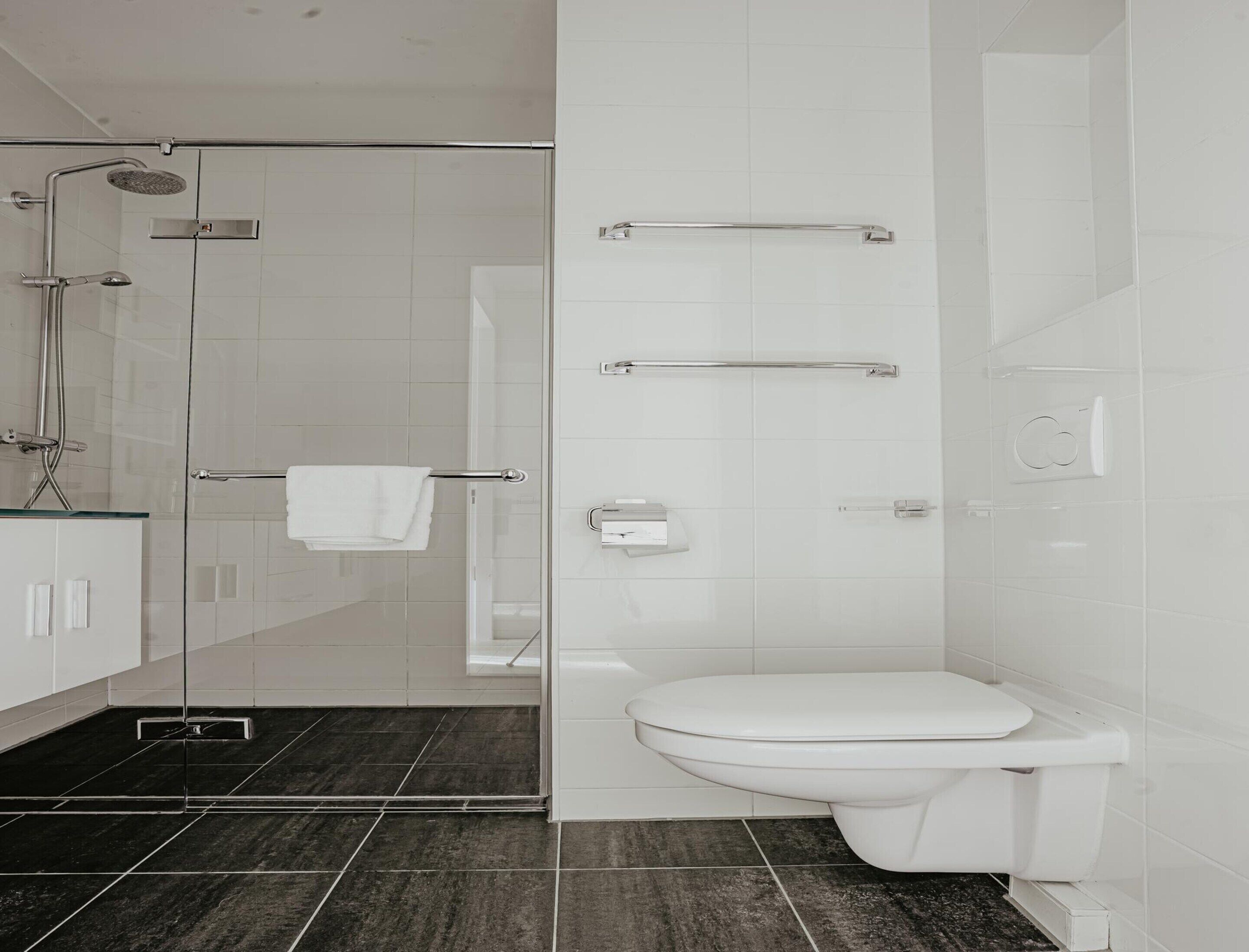 Un bagno moderno con cabina doccia in vetro, un water bianco e un pavimento piastrellato di nero.