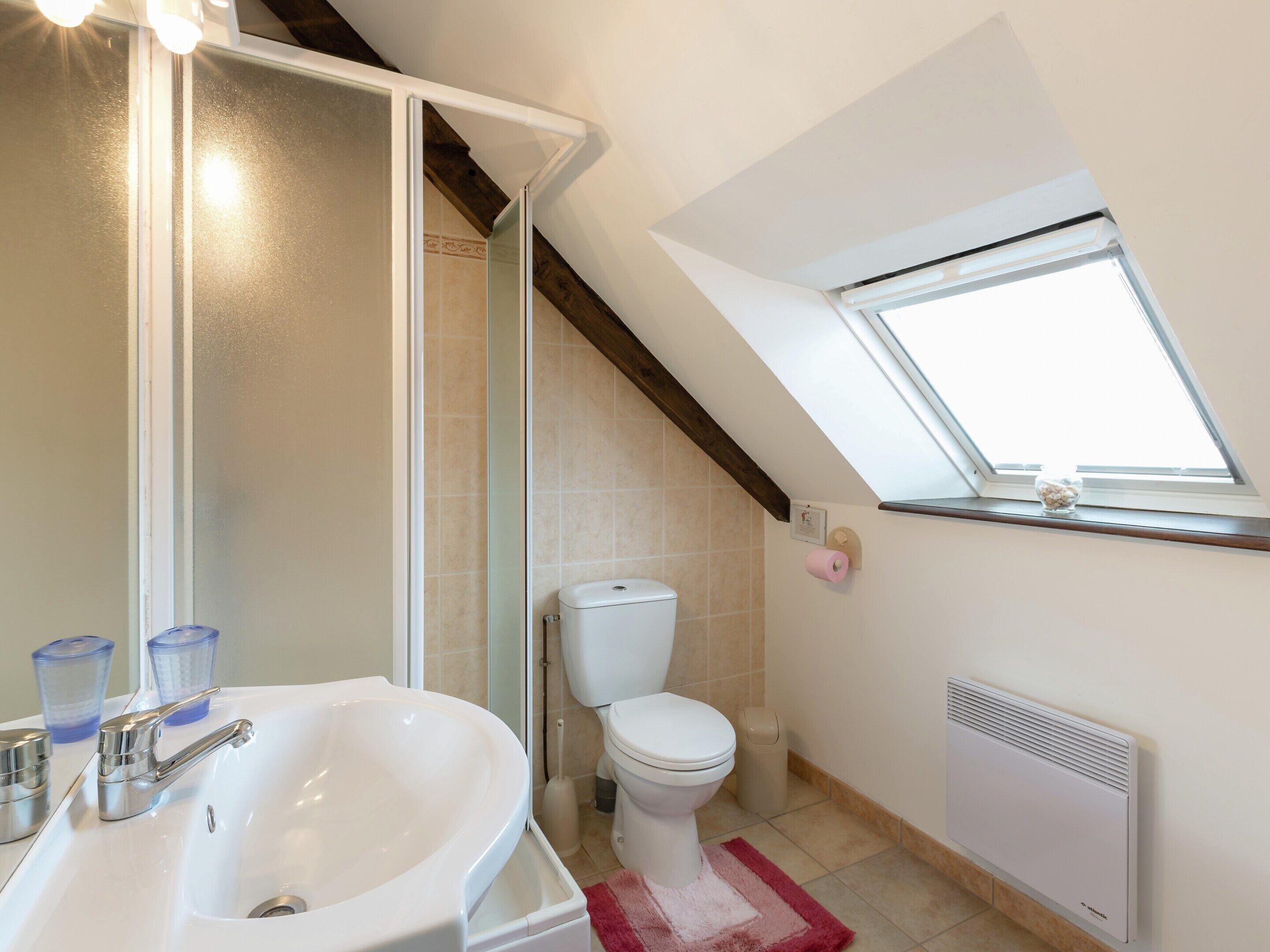 A bathroom with a white sink, a toilet, a shower, a skylight, and a radiator.