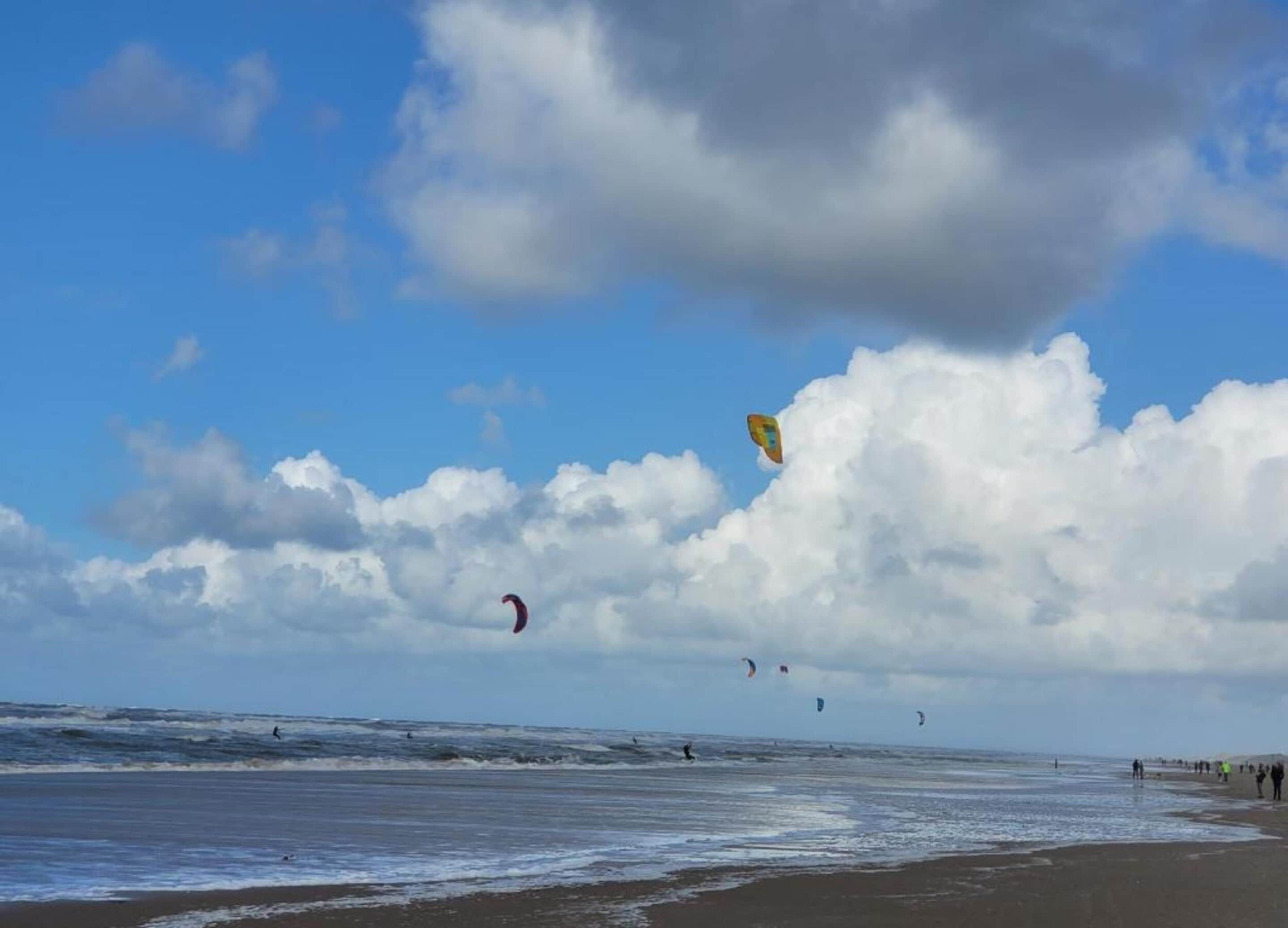 Una spiaggia con persone che fanno volare aquiloni e nuotano nell'acqua.
