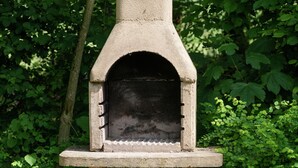 Un horno de piedra al aire libre con un asa en la parte superior, rodeado de densa vegetación verde.
