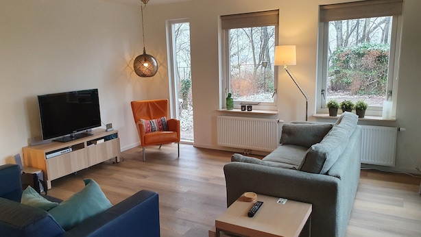 Una sala de estar con televisor, sillón naranja, sofá gris y una mesita con el control remoto.