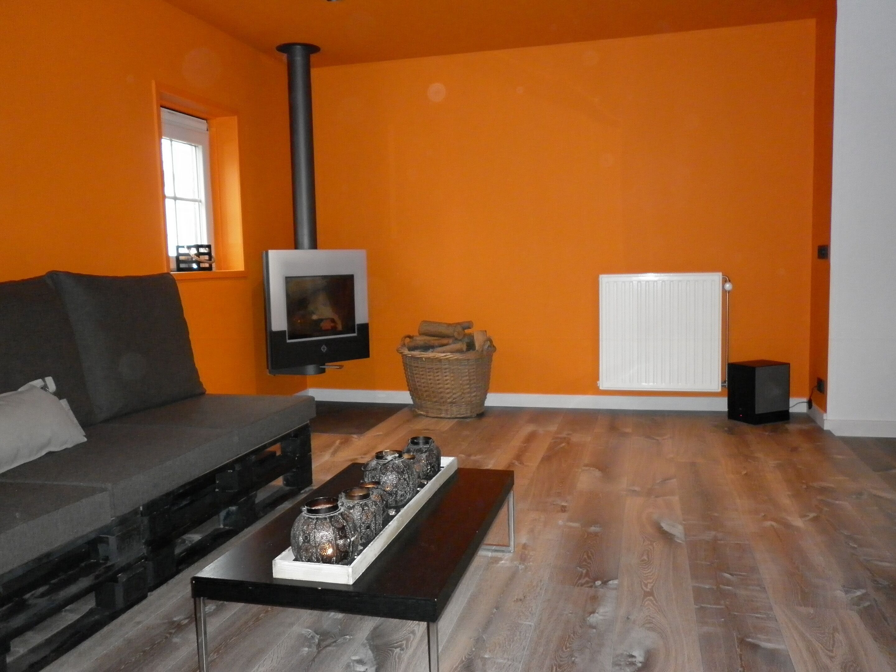 Un salon comprenant un canapé, une cheminée, un radiateur et une table basse agrémentée d’objets décoratifs.