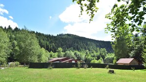 A rural landscape with a house, a field, and a forested hill. - Quiet Chalet With Garden (Saint-Quirin)