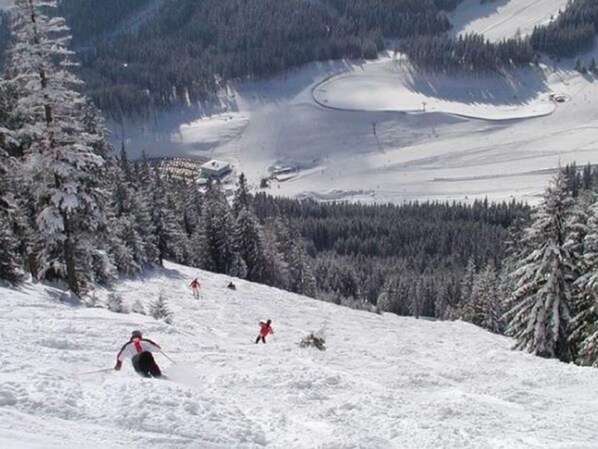 A snowy mountain landscape with a ski slope, trees, and a distant building.