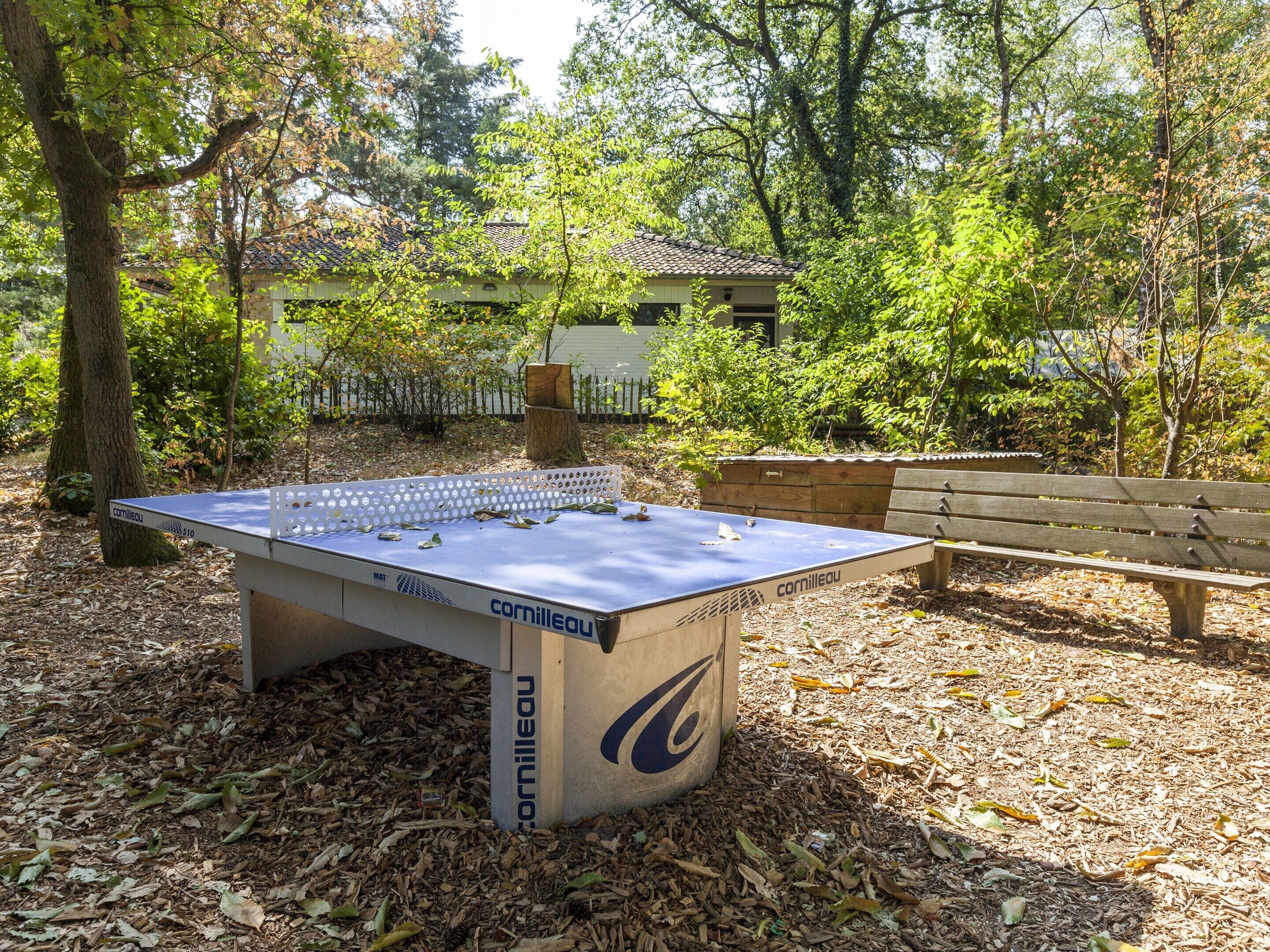 A table tennis table with a bench nearby, surrounded by trees and a building in the background.