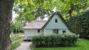 A quaint white cottage with a thatched roof, surrounded by lush greenery and a gravel path leading to the entrance.