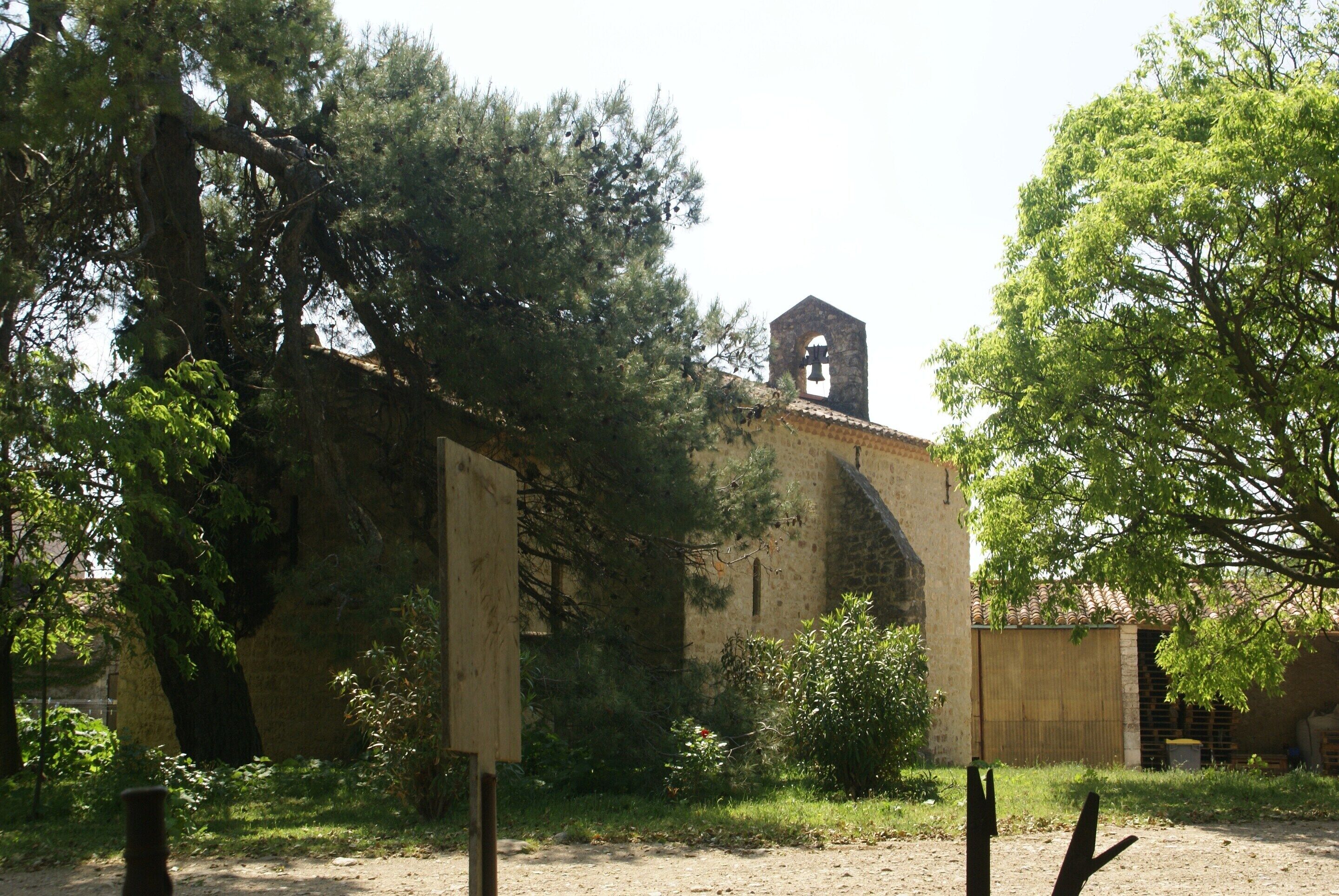 Un edificio antiguo con un campanario, rodeado de árboles y follaje.