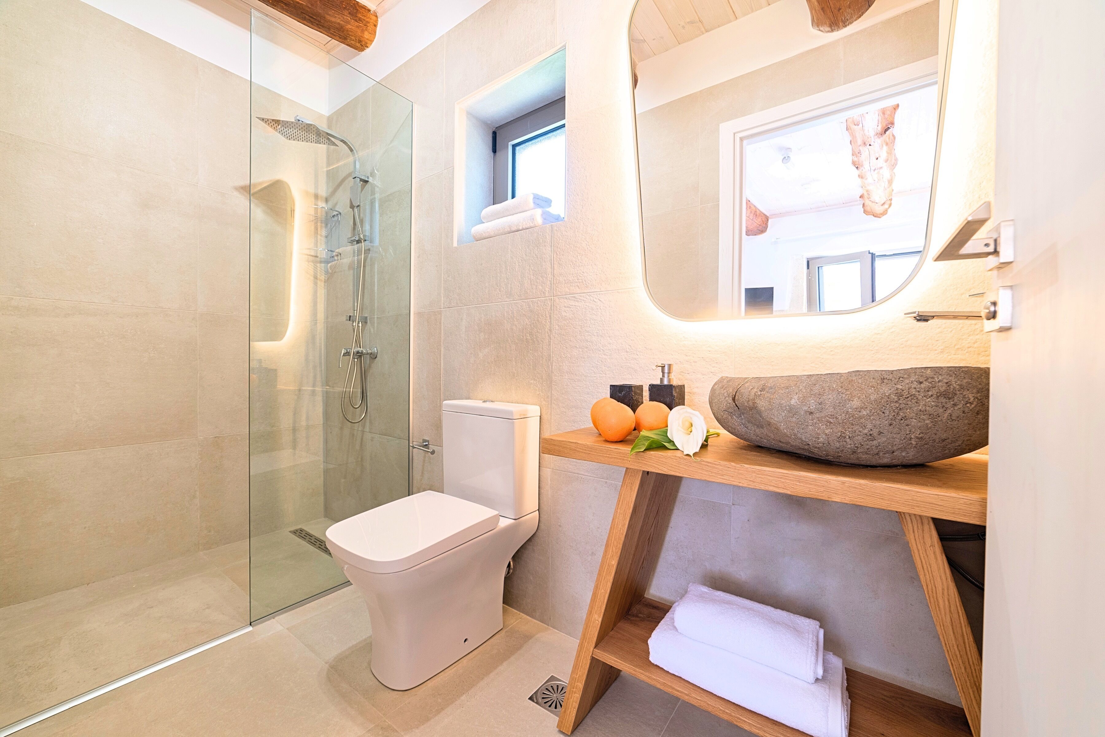 A modern bathroom with a glass-enclosed shower, a toilet, and a vanity with a stone basin.