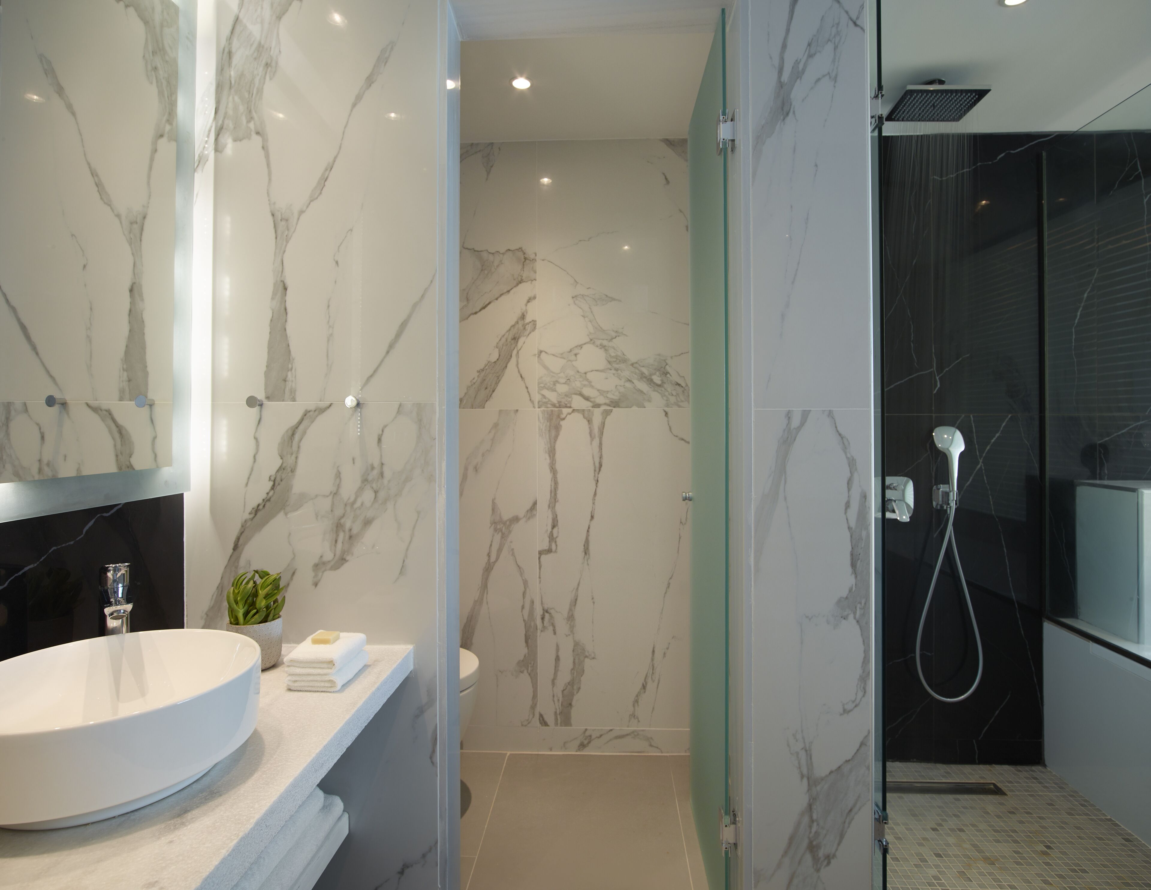 A modern bathroom with a marble vanity, a glass shower enclosure, and a toilet.