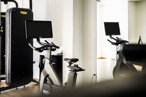 A gym with stationary bikes and cardio machines, a mirror, and a treadmill. - Epic Blue Mykonos (Mykonos)