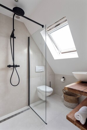 Shower, hair dryer, towels