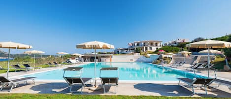 Seasonal outdoor pool, pool umbrellas, pool loungers