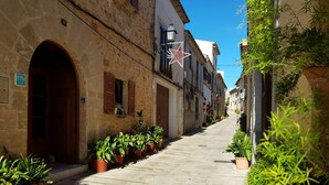 A narrow street lined with stone buildings, potted plants, and a star decoration. - CASA DE L'ARTISTA - CAN ROCA (Alcúdia)