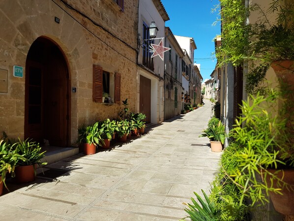 A narrow street lined with stone buildings, potted plants, and a star decoration.