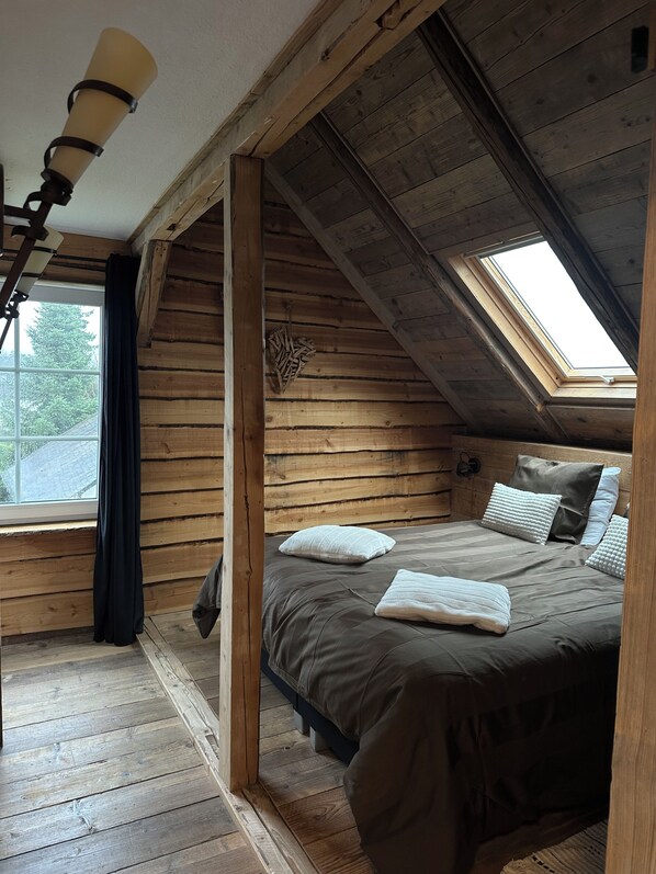 A cozy attic bedroom with a sloped ceiling, wooden walls, a skylight, a bed with pillows, and a hanging light fixture. - Comfortable, child-friendly apartment with a large terrace and a view of the slopes (Winterberg/Altastenberg)