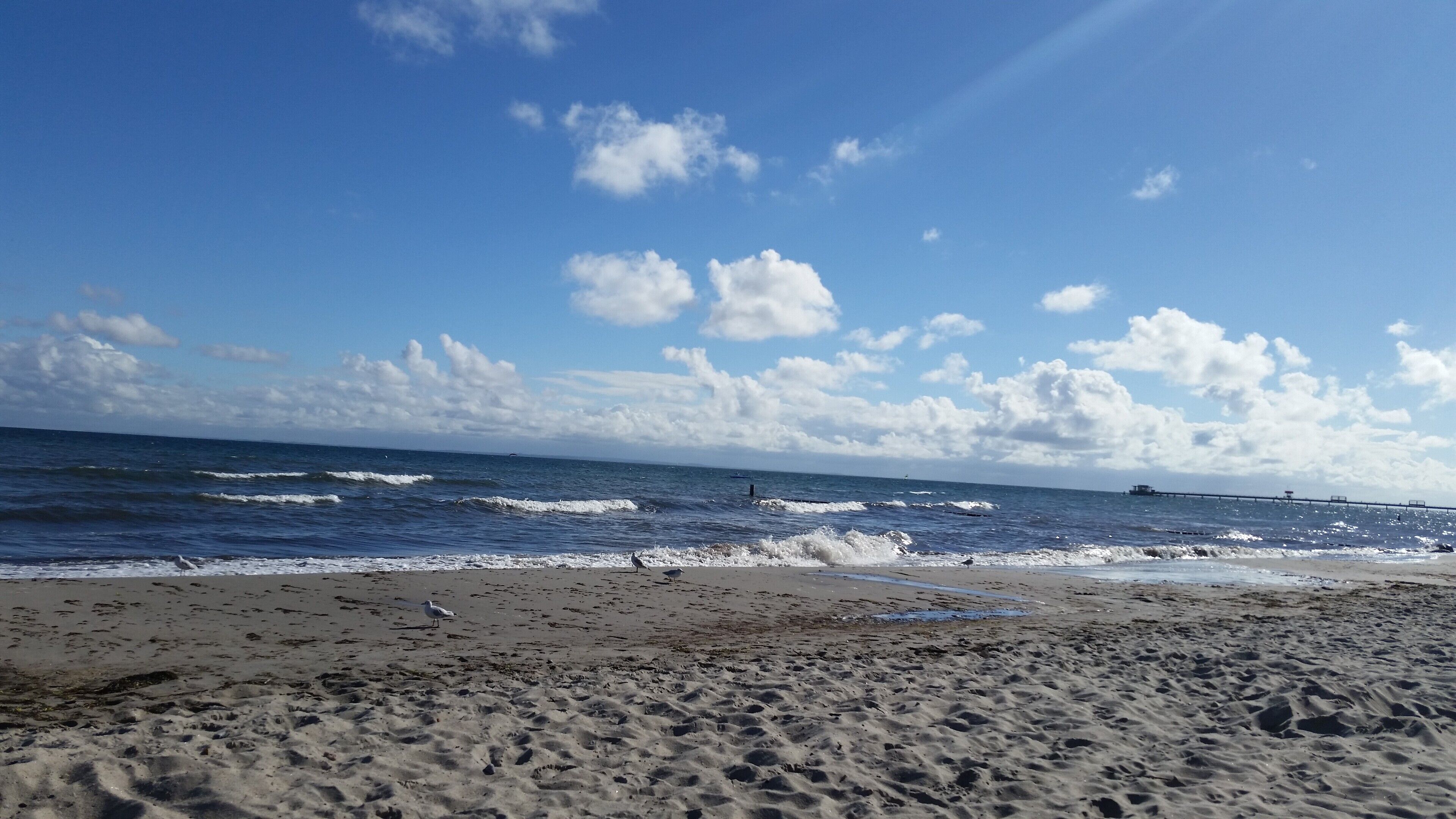 A beach with waves, a pier in the distance, and a clear sky.