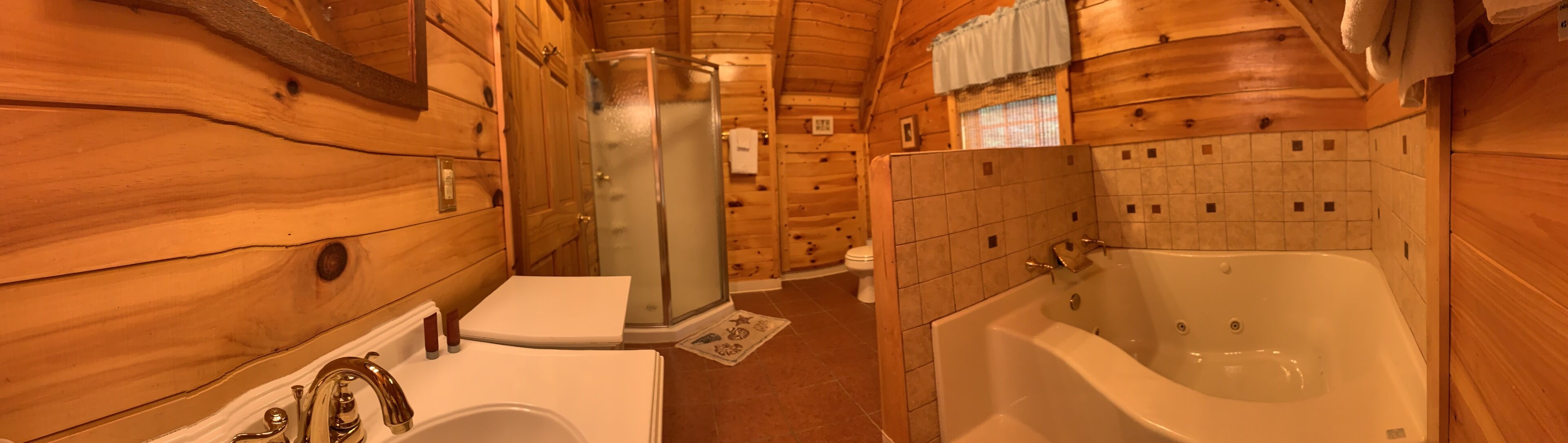 Een houten badkamer met douche, toilet en bad.