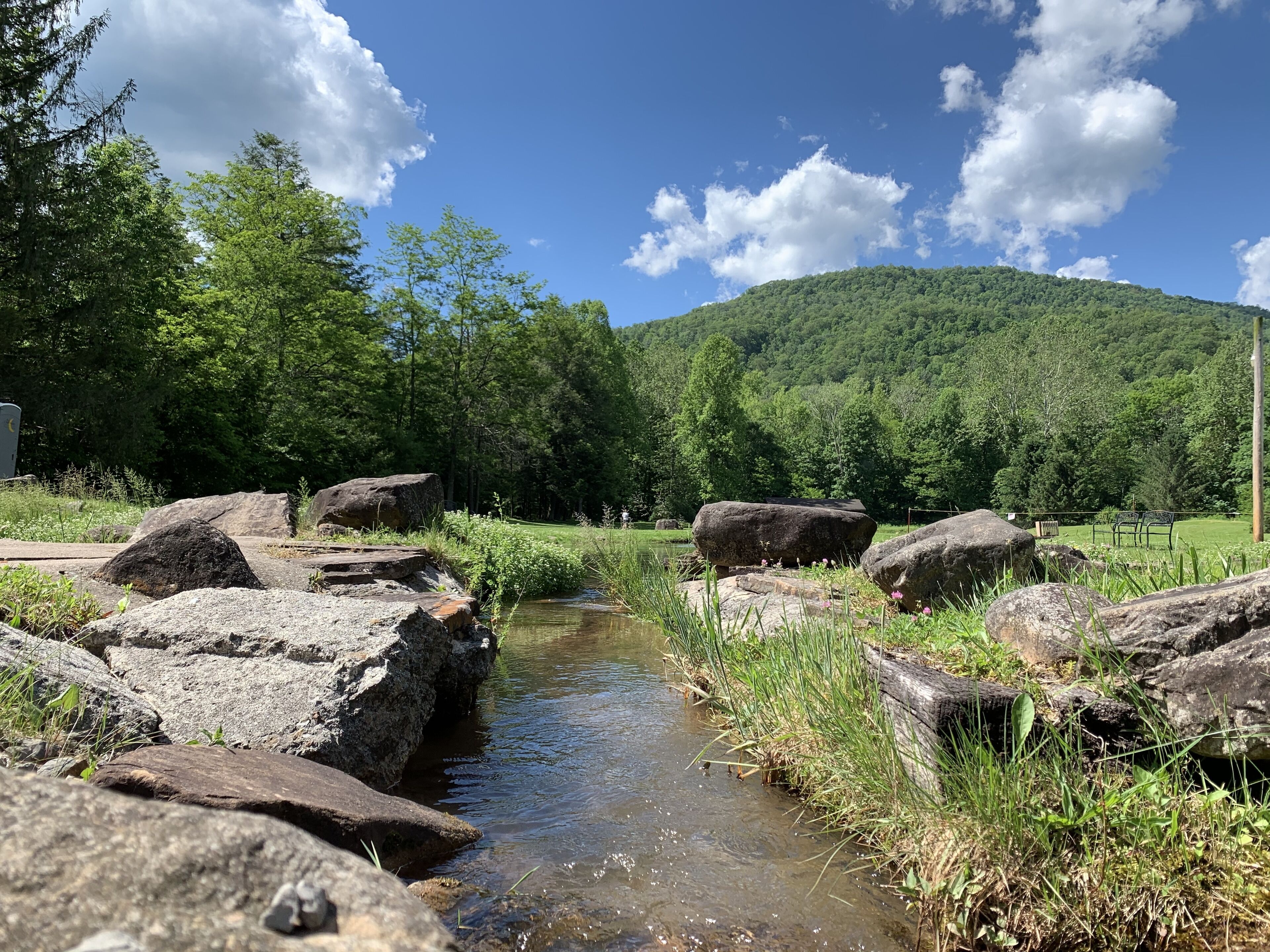 Un paisaje natural con un arroyo, rocas y una colina boscosa.
