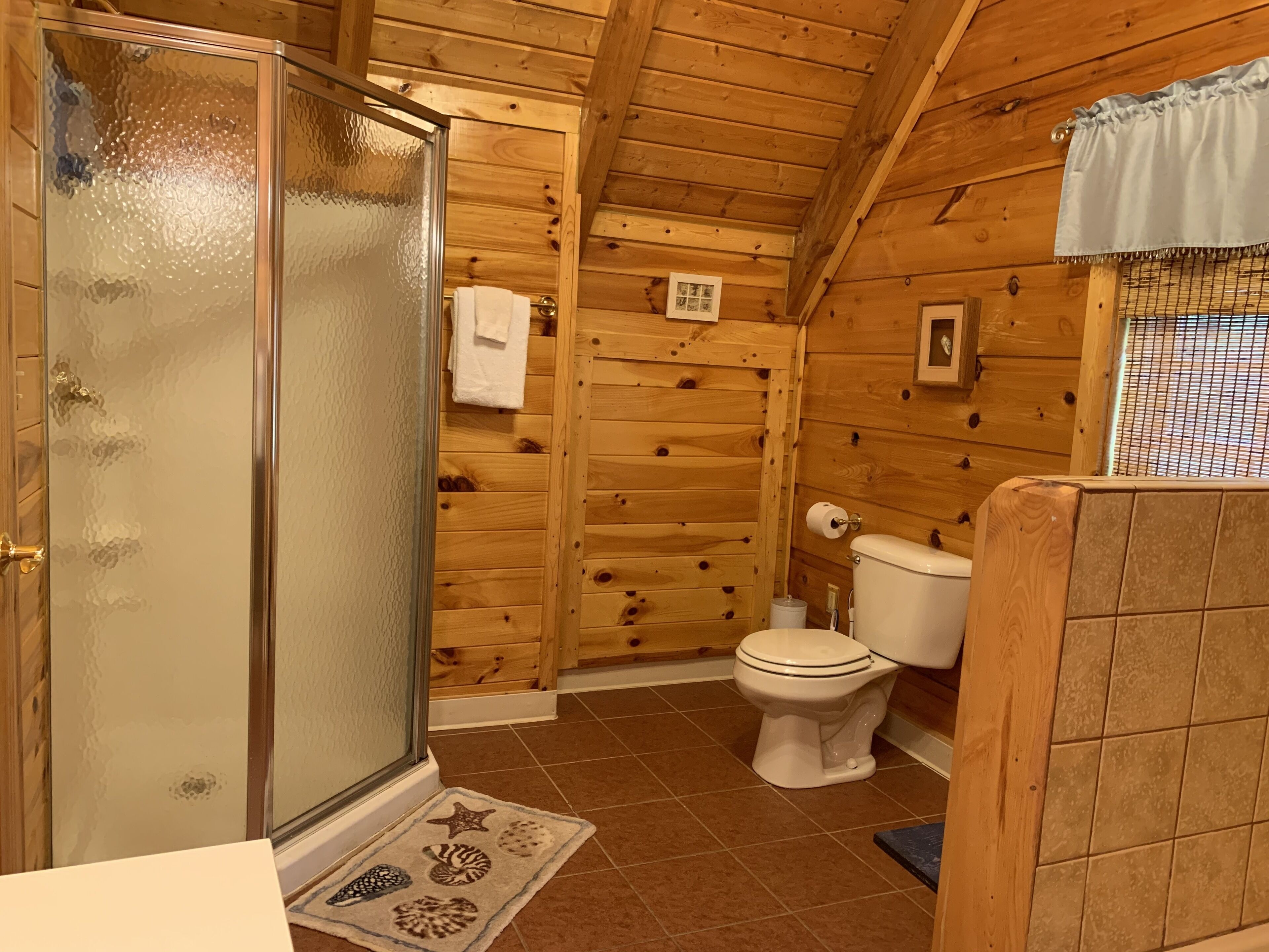 A wooden cabin bathroom with a glass shower door, a toilet, and a small rug with sea shells.