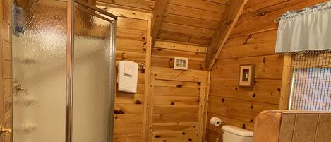 A wooden cabin bathroom with a glass shower door, a toilet, and a small rug with sea shells.