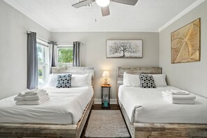 3 bedrooms, memory-foam beds, travel cot