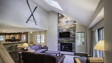 Smart TV, fireplace, foosball