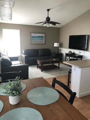 Smart TV, DVD player, foosball, video library