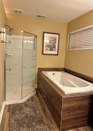 Combined shower/bathtub, hair dryer, bidet, towels - Serene Getaway with Hot Tub, Sauna, Firepit, Kayaks, Pontoon & Jet Ski Rentals! (Charlotte)