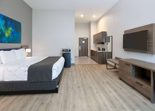 Una habitación de hotel moderna con una cama grande, una kitchenette pequeña, un televisor de pantalla plana y un cuadro en la pared.