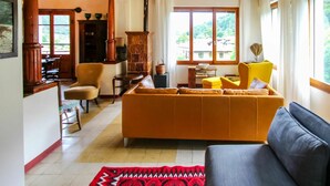 A cozy living room with a large orange sofa, a blue sofa, and a patterned rug. There is a wooden cabinet, a chair, and a window with a view of greenery.