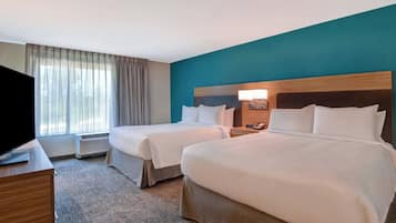 Desk, laptop workspace, blackout curtains, iron/ironing board