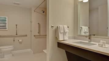 Une salle de bain moderne équipée d’une douche, de toilettes et d’un lavabo.