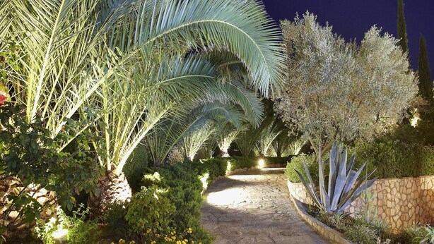 A nighttime pathway flanked by lush greenery and stone walls, leading to a building entrance. - Nymfes Villas (Ermionida)