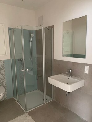 Douche, sèche-cheveux, serviettes fournies, savon