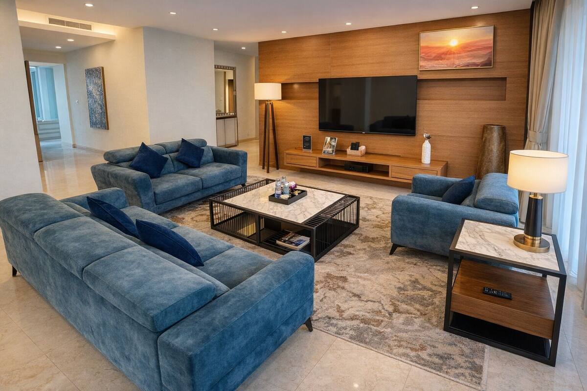 A modern living room with a large flat-screen TV, blue sofas, a coffee table, and a lamp.