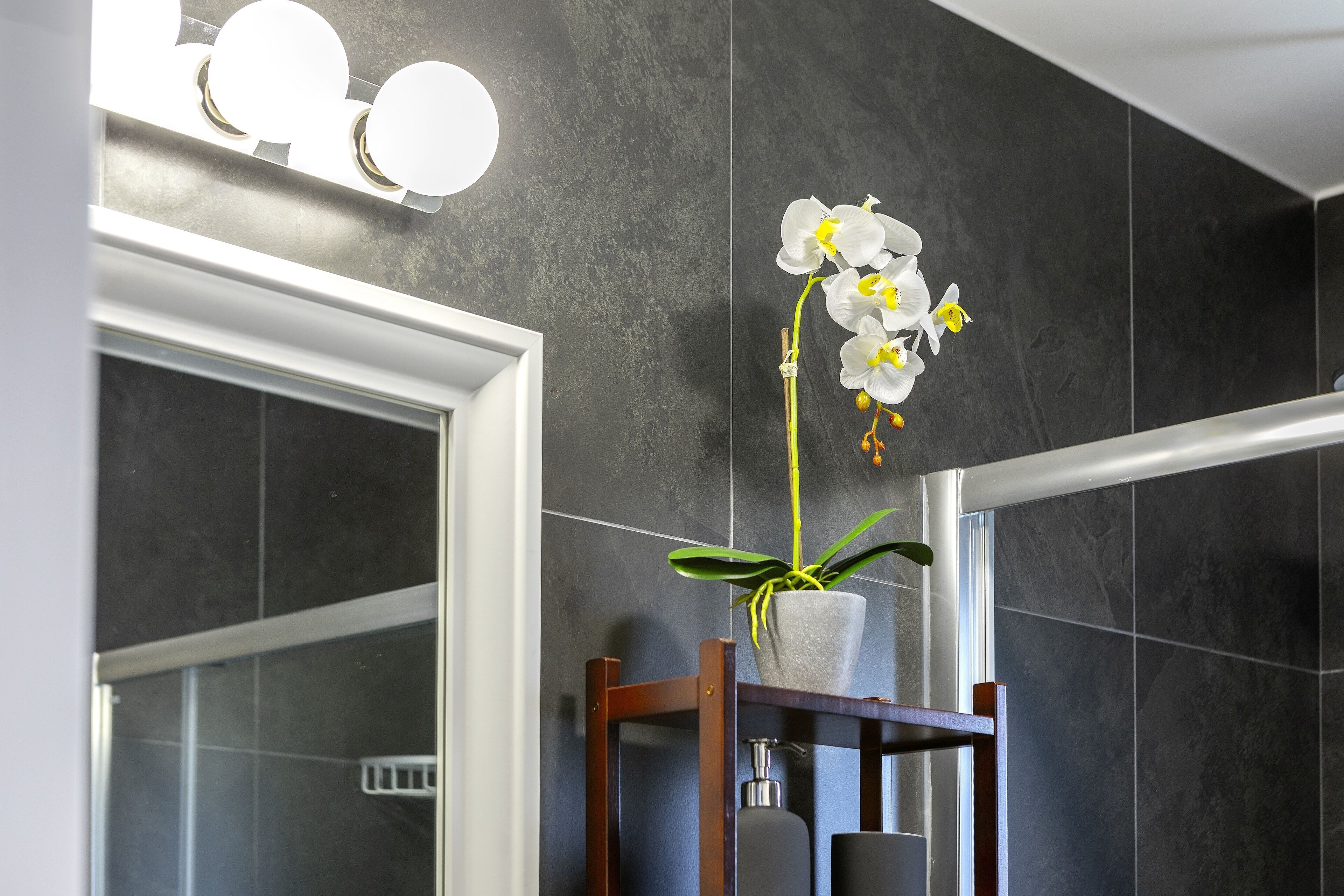 A bathroom with dark tiles, a mirror, a wooden shelf with a potted plant, and a hand soap dispenser.
