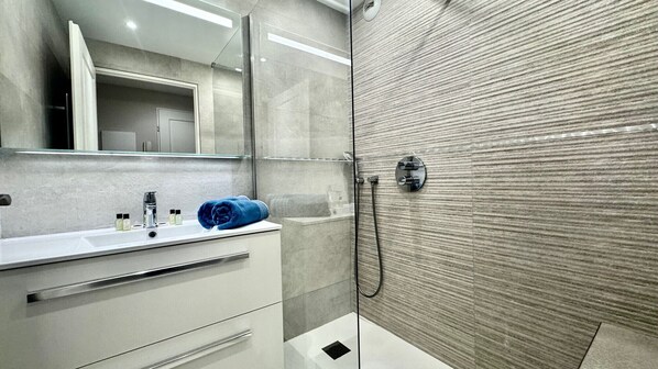 Shower, hair dryer, towels
