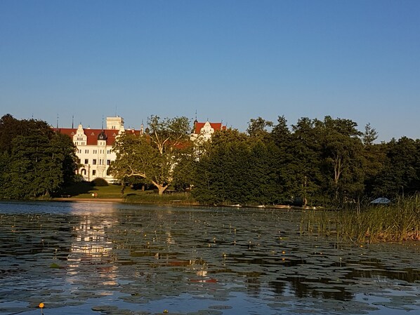 A large building with a red roof, surrounded by trees and a body of water with lily pads.