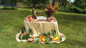 Una mesa de picnic con frutas, verduras, pan y un florero.