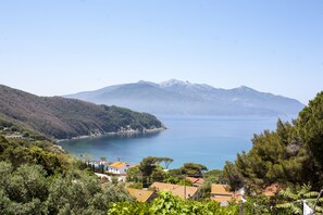 Un pueblo costero con casas, una vista despejada del mar y montañas al fondo.