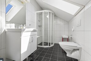 A modern bathroom with a glass shower enclosure, a white toilet, and a skylight.