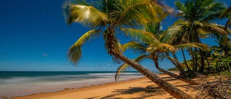 Na praia, areia branca, serviço de traslado de/para a praia 