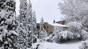 A snow-covered landscape with tall evergreen trees and a stone building. - Villa Bella Rosa (Fratte Rosa)
