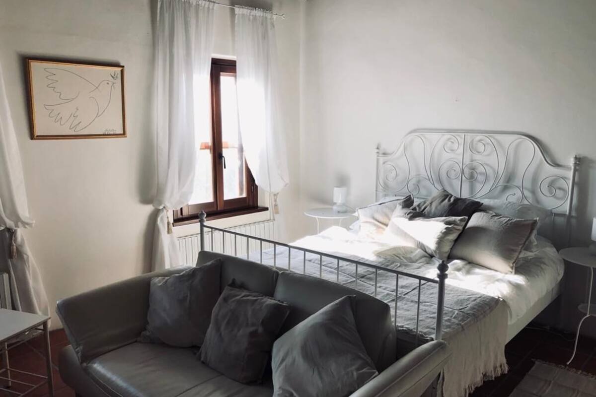 Une chambre à coucher avec un lit en métal, un canapé gris et un mur blanc orné d’un tableau encadré.