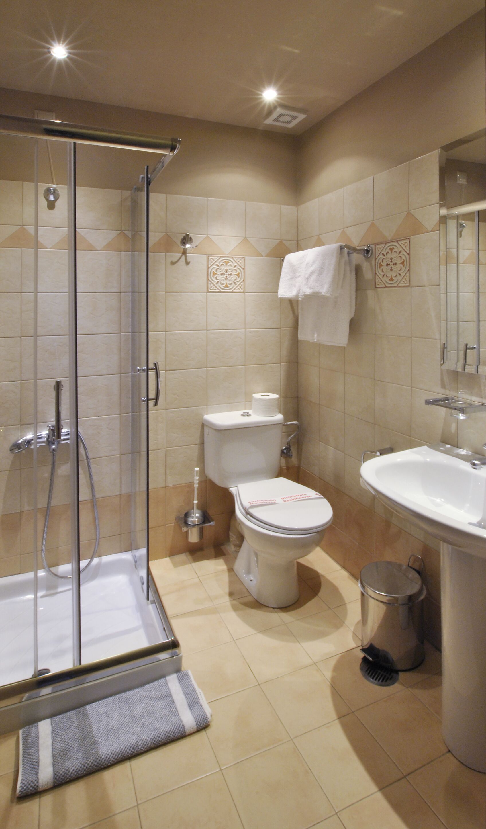 A bathroom with a glass-enclosed shower, a toilet, and a sink.