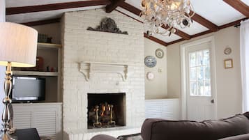 Smart TV, fireplace, DVD player, books