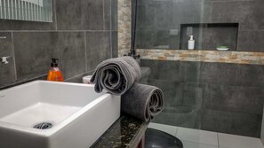 Regadera, regadera tipo lluvia, secadora de cabello, toallas 